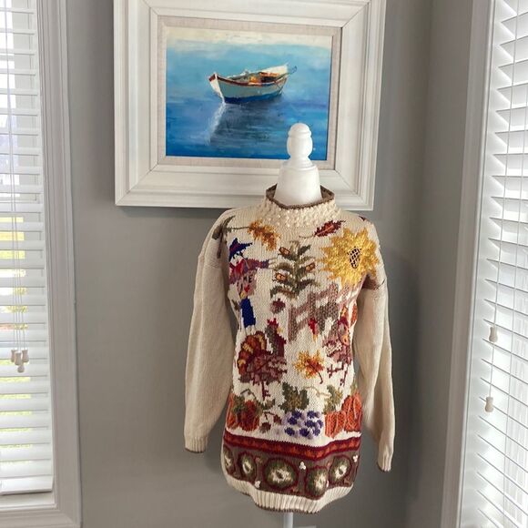 Vintage 90s Beldochpopper Fall Harvest Pumpkin Scarecrow Turtleneck Sweater S - Picture 1 of 14